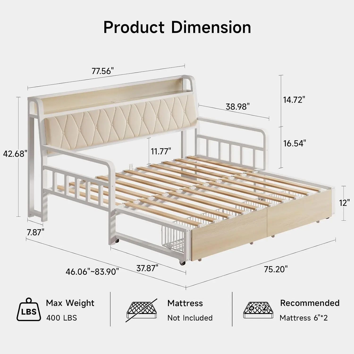 ONBRILL Twin Daybed with Pop up Trundle, Twin to King Daybed, White