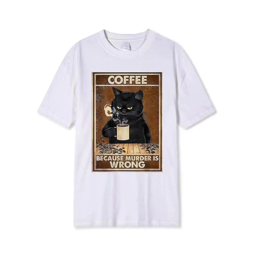 2024 New Summer Men's T-shirt Graphic Coffee Because Murder Is Wrong Black Cat Drinks Coffee Funny T-shirt Oversized Hip Hop