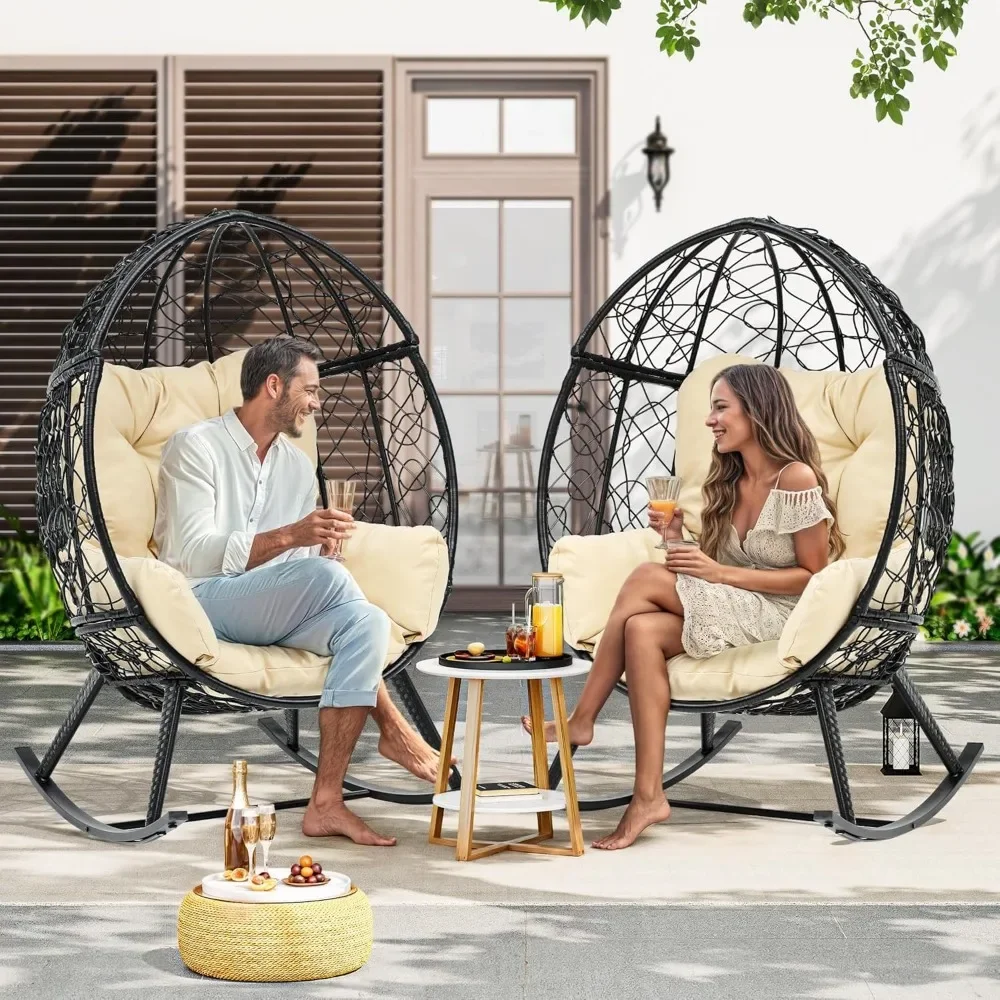 كرسي هزاز على شكل بيضة في الهواء الطلق مع راحة مبطنة، سعة Wicker Patio Rocker سعة 250 رطل، مضاد للانزلاق، Rattan D مرن لجميع الأحوال الجوية