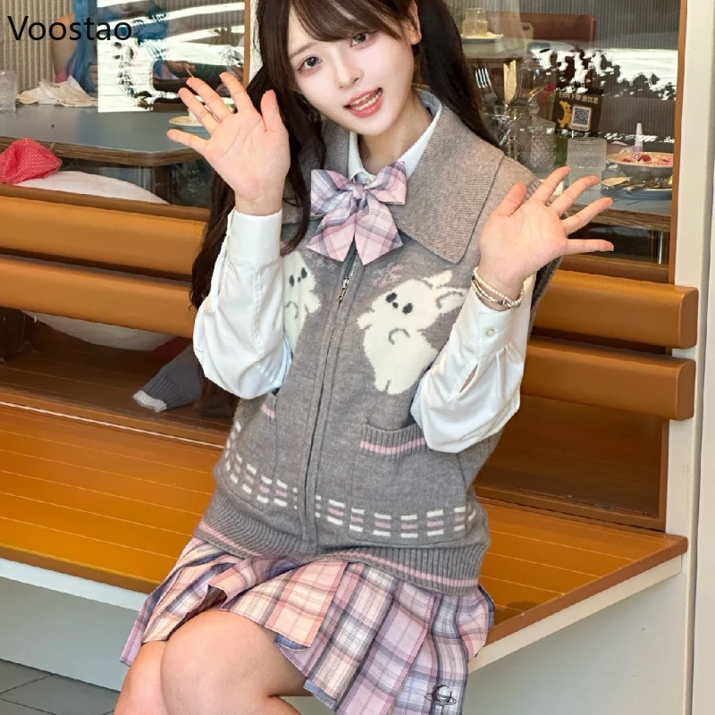 

Кардиган на молнии в консервативном стиле в стиле Лолиты, вязаный жилет, женский осенний свитер с милым мультяшным кроликом JK, повседневный жилет Y2k, трикотажные топы