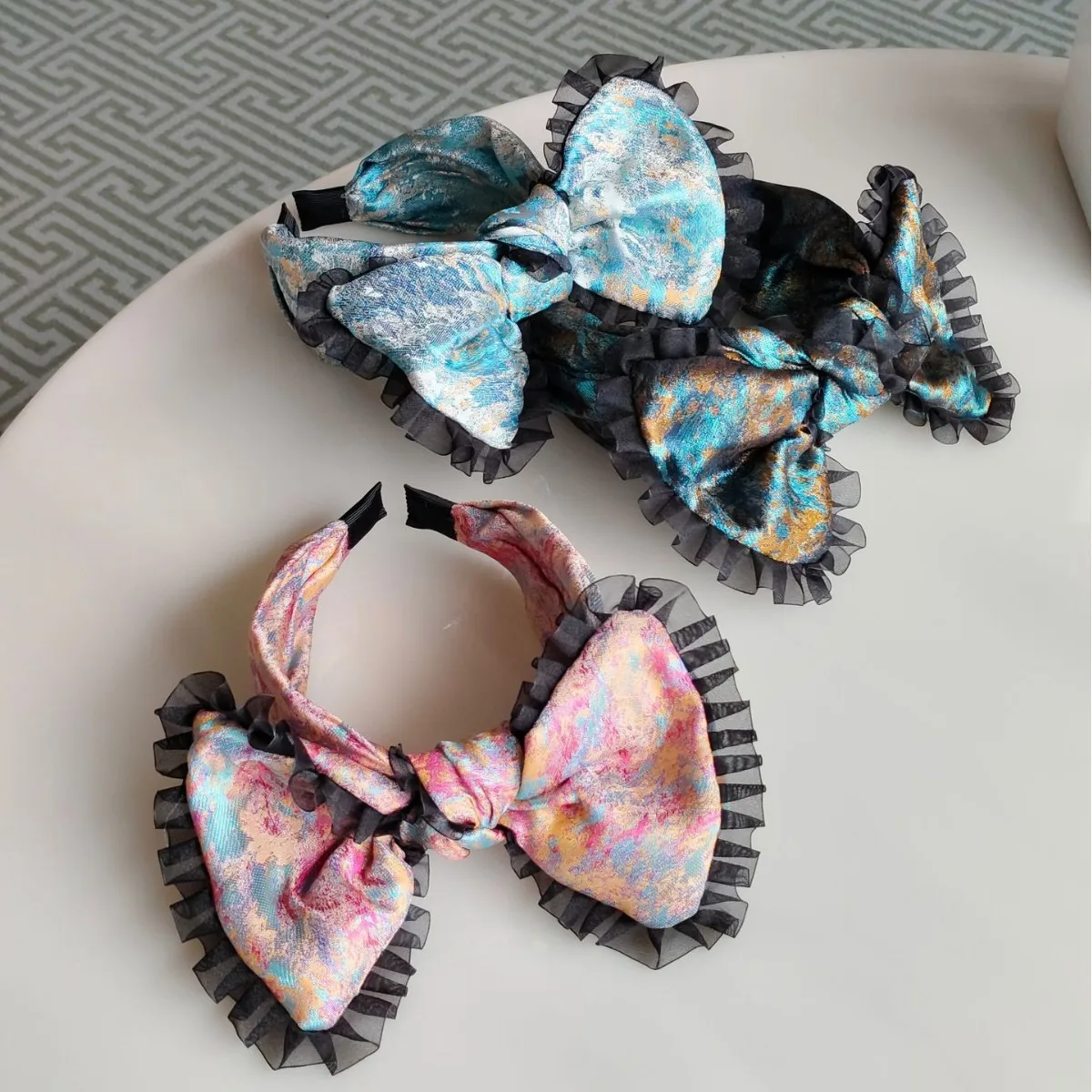 Korean Style Fashion Retro Lace Trim Oversized Bow Headband Printed Fabric Hair Accessory