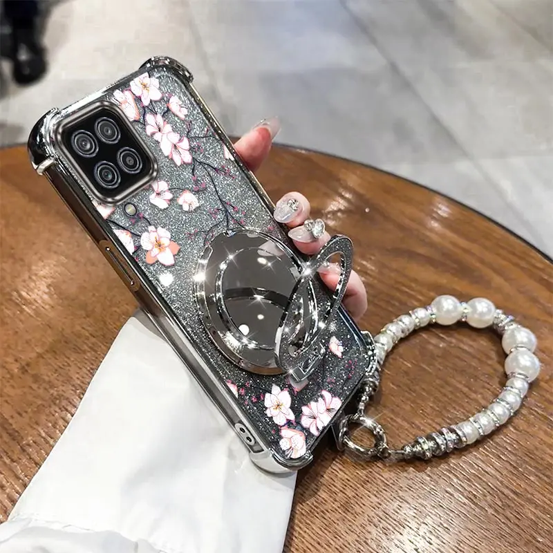 A 12 Gardenia Plating Bracelet Holder Phone Case For Samsung A12 A12S A12Nacho A22 A13 A15 A04 A03S A02S M13 M12 F12 M02 Cover