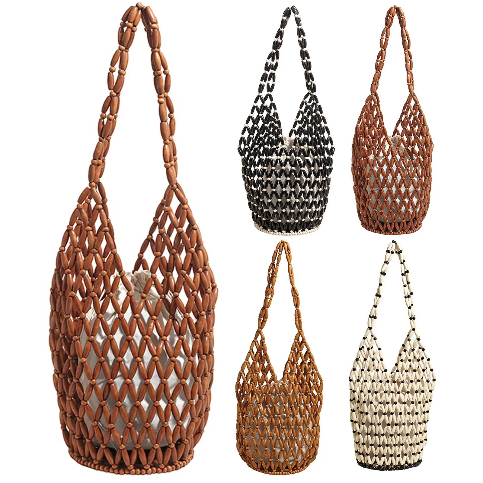 Women Bead Woven Tote Bags Hollow Out Beach Bucket Purse Lightweight Underarm Purses for Travel Shopping Work Dating Daily Use