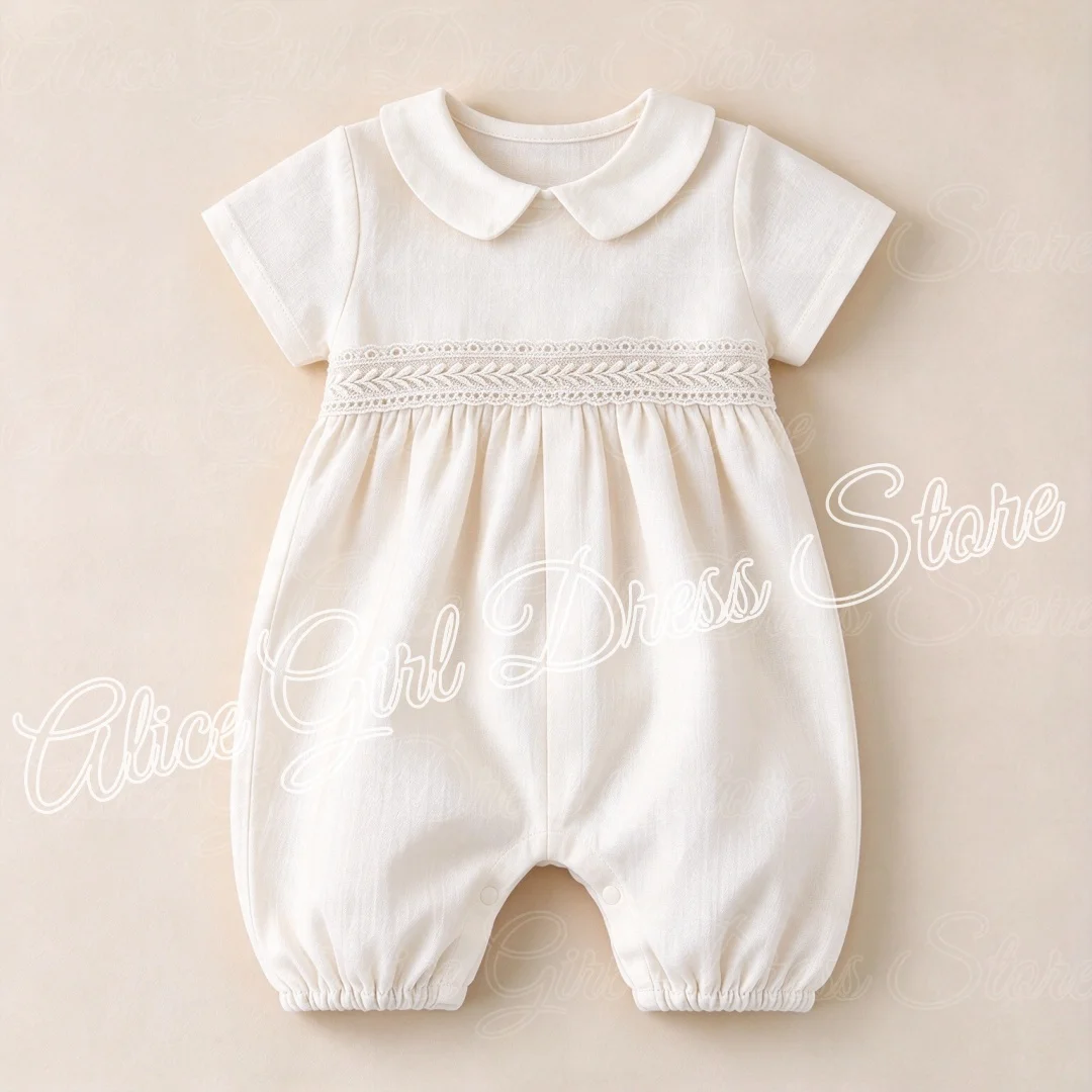 Baby Baptism Romper White Lace Peter Pan Collar Infant Short Sleeve Jumpsuit Newborn Christening Outfit Baby Girls Formal Clothe