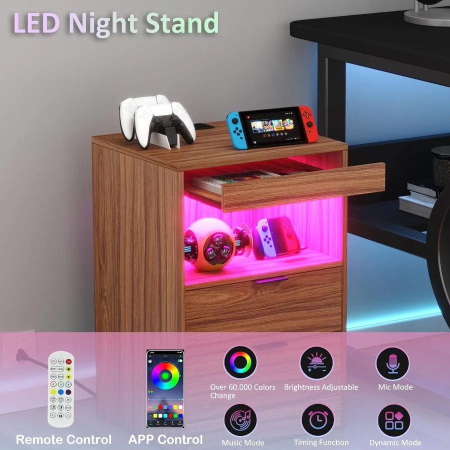 Mesita de noche moderna con iluminación LED y estación de carga integrada, mesa auxiliar con acabado de madera y dos estantes extraíbles