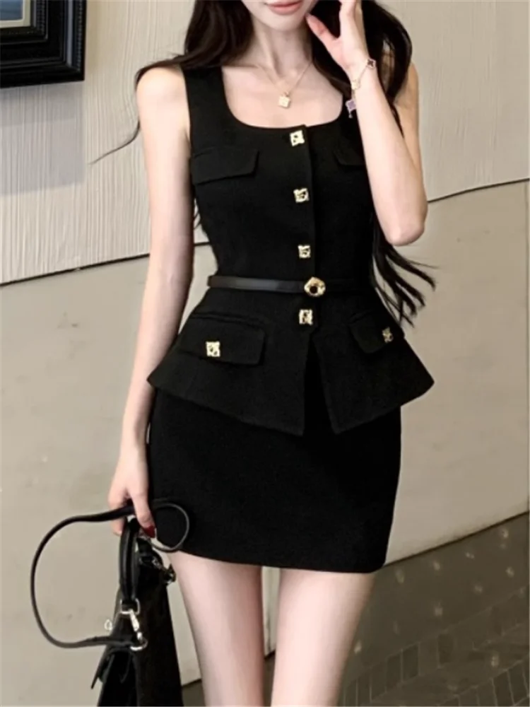 

Роскошные черные наряды на день рождения, комплекты из 2 предметов, потрясающая майка с поясом и мини-юбка-карандаш, элегантные женские костюмы знаменитостей из 2 предметов