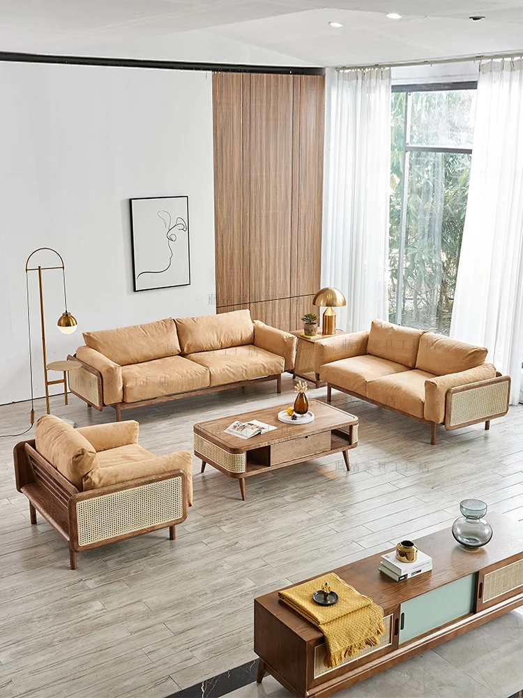 

Rattan weaving Nordic solid wood sofa combination living room fabric home leisure single combination new Chinese double