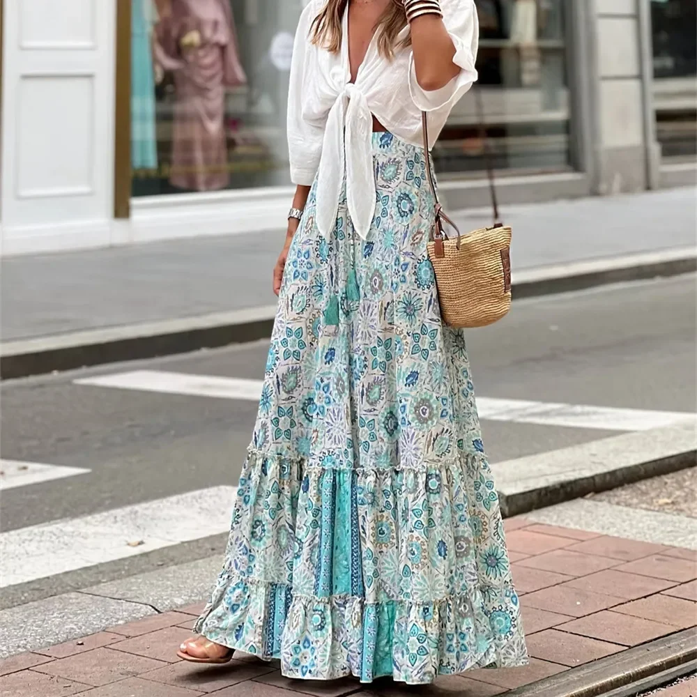 Summer Vintage Long Skirts Women Boho Faldas y2k Print Jupe Femme Loose Casual Beach Maxi Skirt Woman Clothes Bohemian Saia