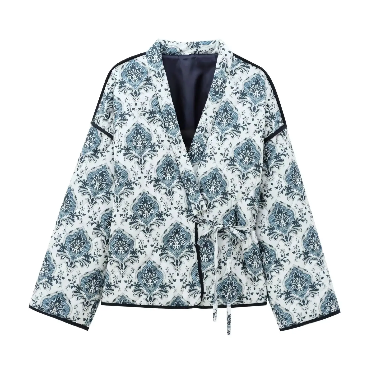 

KONDALA мода 2025 весенние женские пальто с растительным принтом на шнуровке с v-образным вырезом и длинными рукавами, свободные повседневные теплые толстые женские верхняя одежда