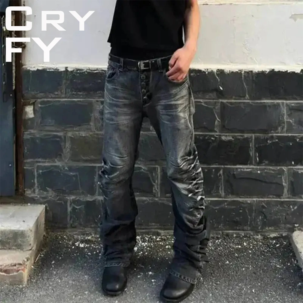 

CryFY Men's American-Style Jeans Washed Button Design Pleated Loose Fit Color-Block Casual Trousers Retro Style