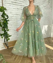 Sexy Puffy Sleeve Tulle Maxi Dress for Women V Neck Lace up Waist Fairy Flower Embroidery Formal Evening Party Gowns