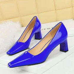 BIGTREE 2024 Spring Fashion Patent Leather Women's Pumps Square Heel Pointed Toe Party Stripper Sngle Ladies Shoes