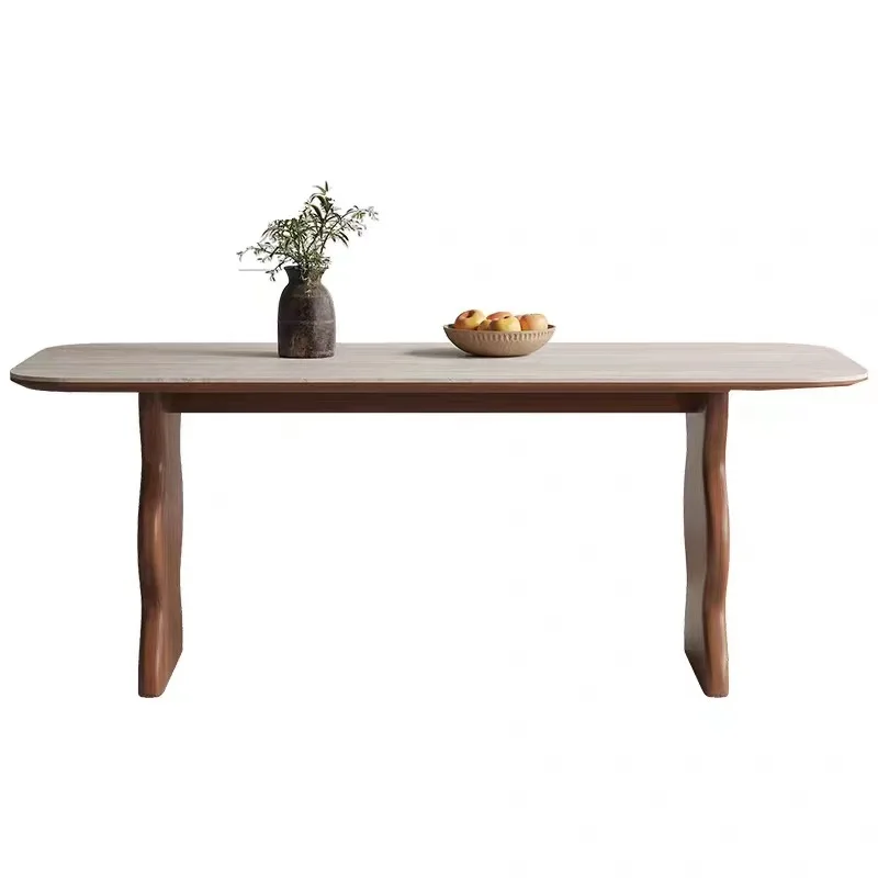 French travertine rock slab dining table household small apartment walnut color dining table, rectangular solid wood dining tabl