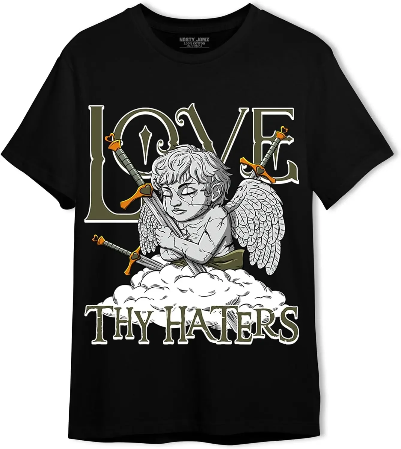 Generic Love Thy Haters Angel Unisex Matching Retro 5s Olive Green T-Shirt, Black, White