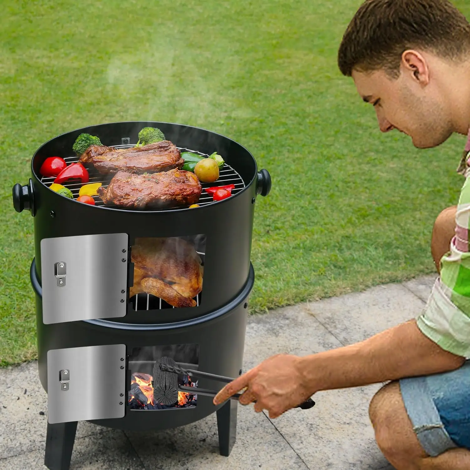 16-inch Charcoal Smoker for Backyard, Patio, Camping - Steel, Black, 4-in-1 with Thermometer and Adjustable Vent