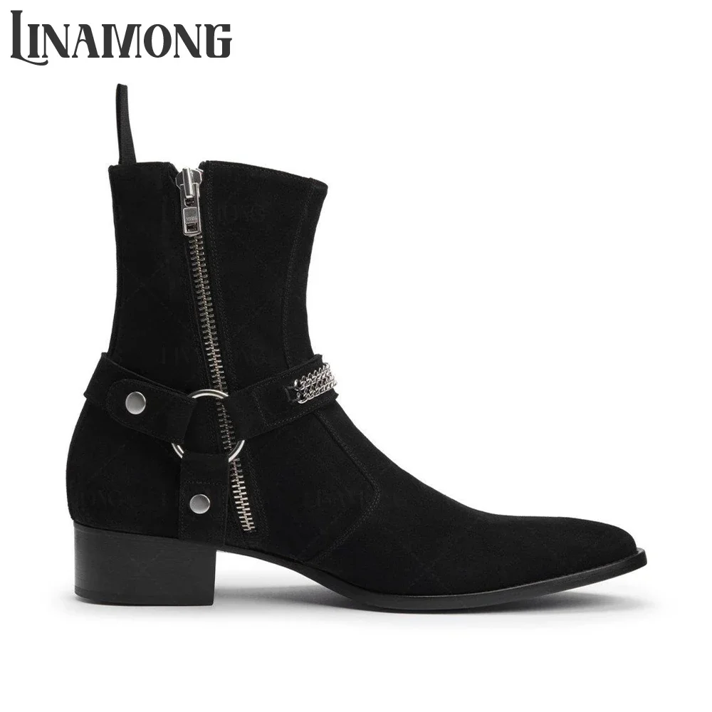 

Double Metallic Chain Weston Booties Black Suede Leather Ankle Boots Side Zipper Round Belt Buckle Business Dress Boots for Men
