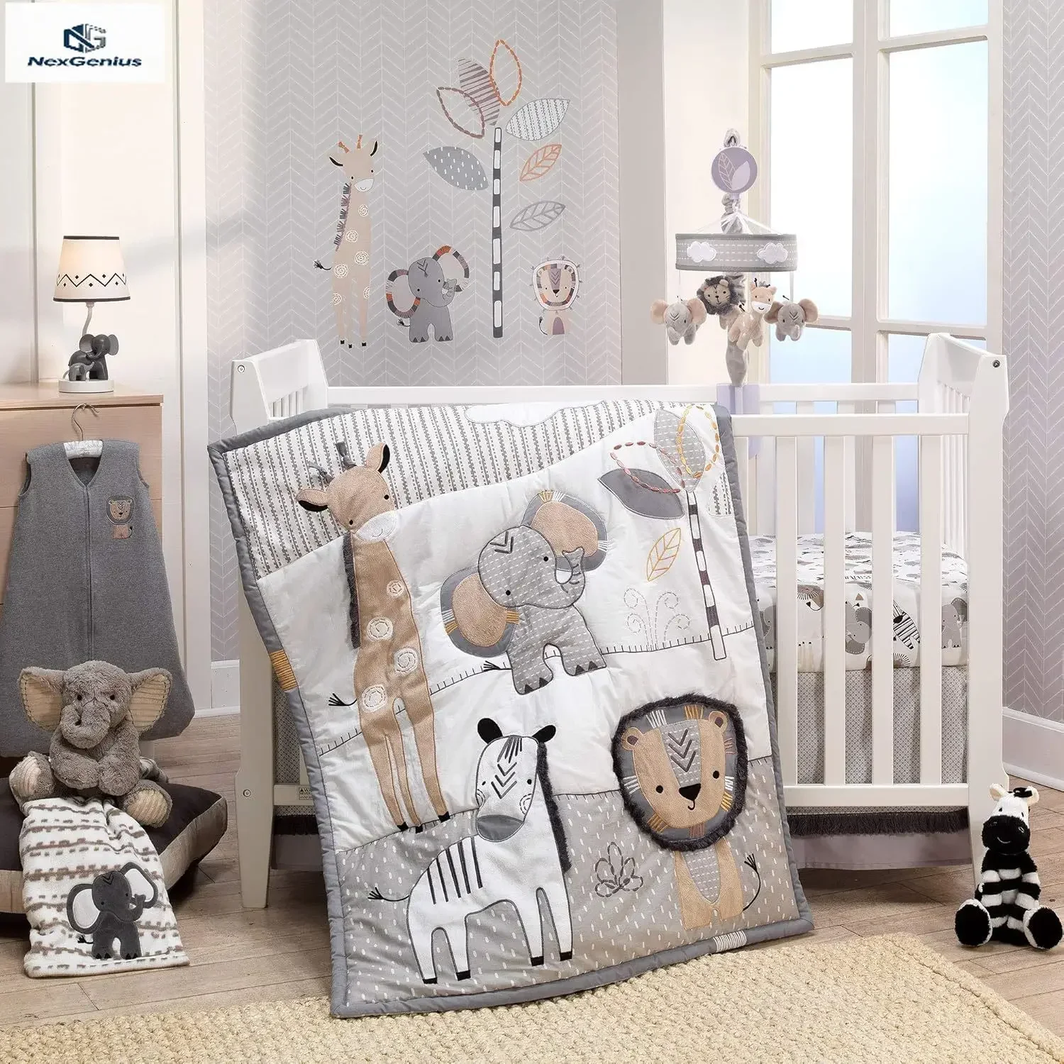 Jungle Safari Tan Gray White Nursery Six Piece Baby Crib Bedding Set