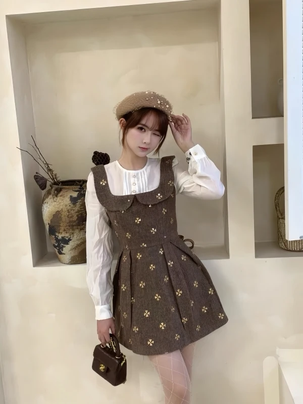 Rich Girl Sle Ele Long Sve Splice Dr Slimming ort A-Line Skirt Fake Two-Piece Design Waist-Cinching Faionable