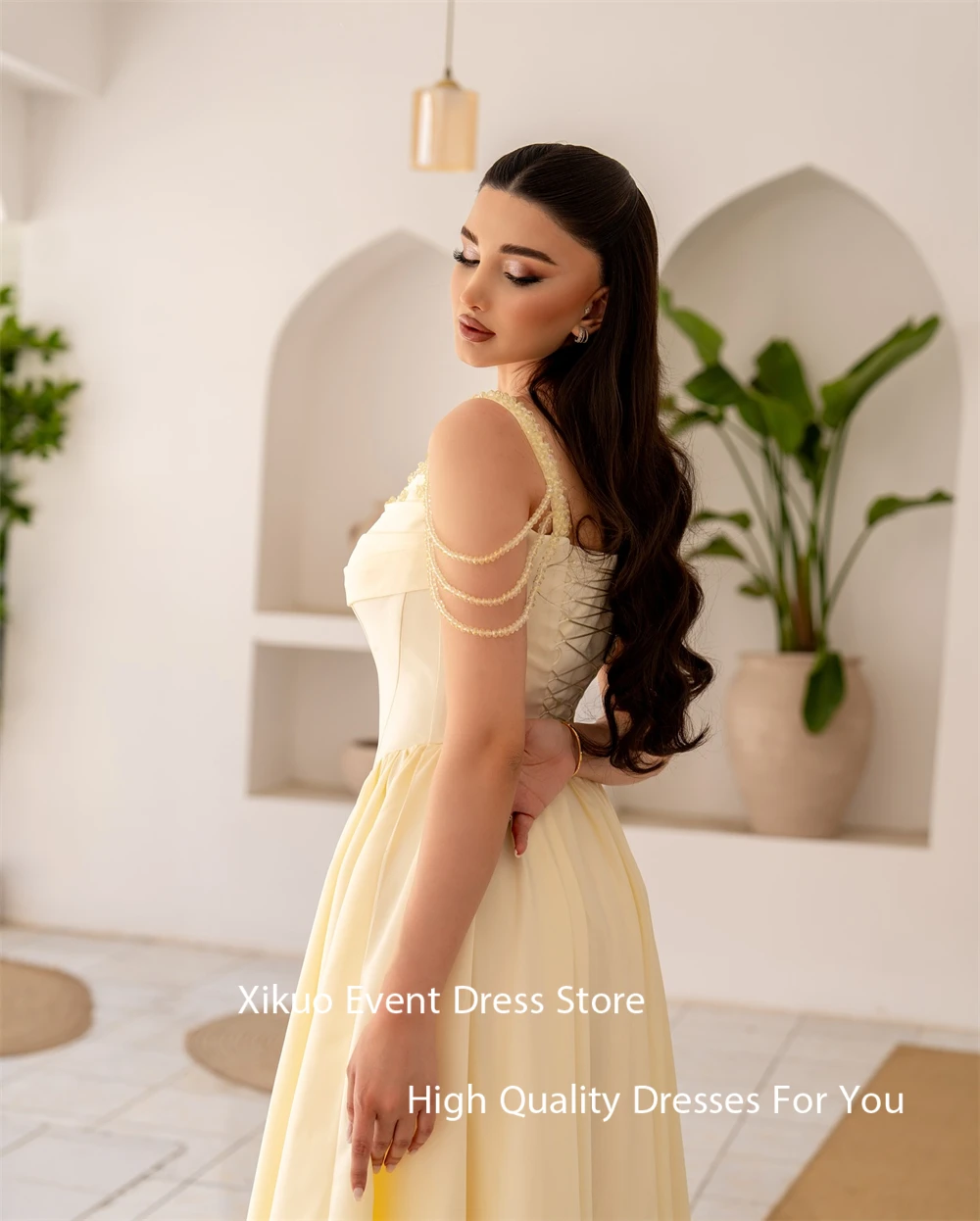Xikuo Modest Yellow Satin Evening Dresses Sleeveless Beading Prom Party Gowns A Line Pleated Long Celebrity Dresses Customized