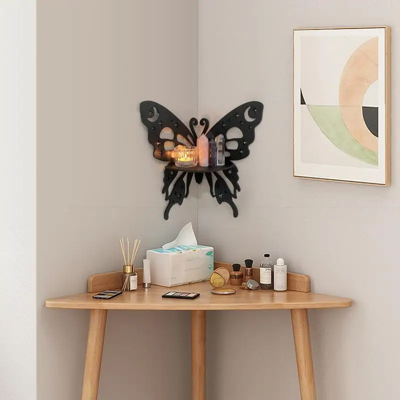 Crystal Wall Shelf Wooden Butterfly Lotus Moth Crystal Stone Stand Hanging Wall Display Shelf Boho Home Decoration