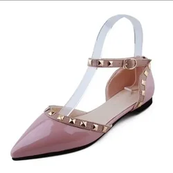 Women Rivets Flats Shoes Size 46 48 Stilettos Wide Fits Tender Soft Shiny Leather Sandals Elegant String Gold Studs Buckle Strap