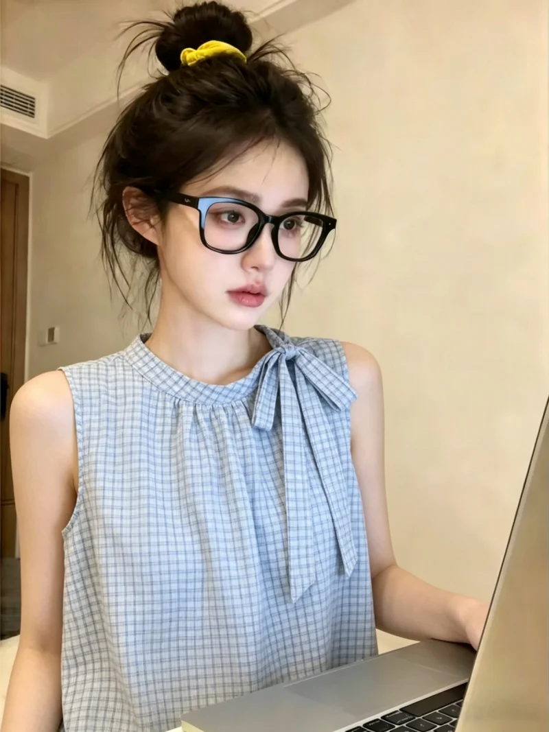 

Blue Plaid Bow Tie Shirt Vest Women's Summer Unique Loose Top Korean Style Straight Cut Silk Blend No Brand Commute Wear
