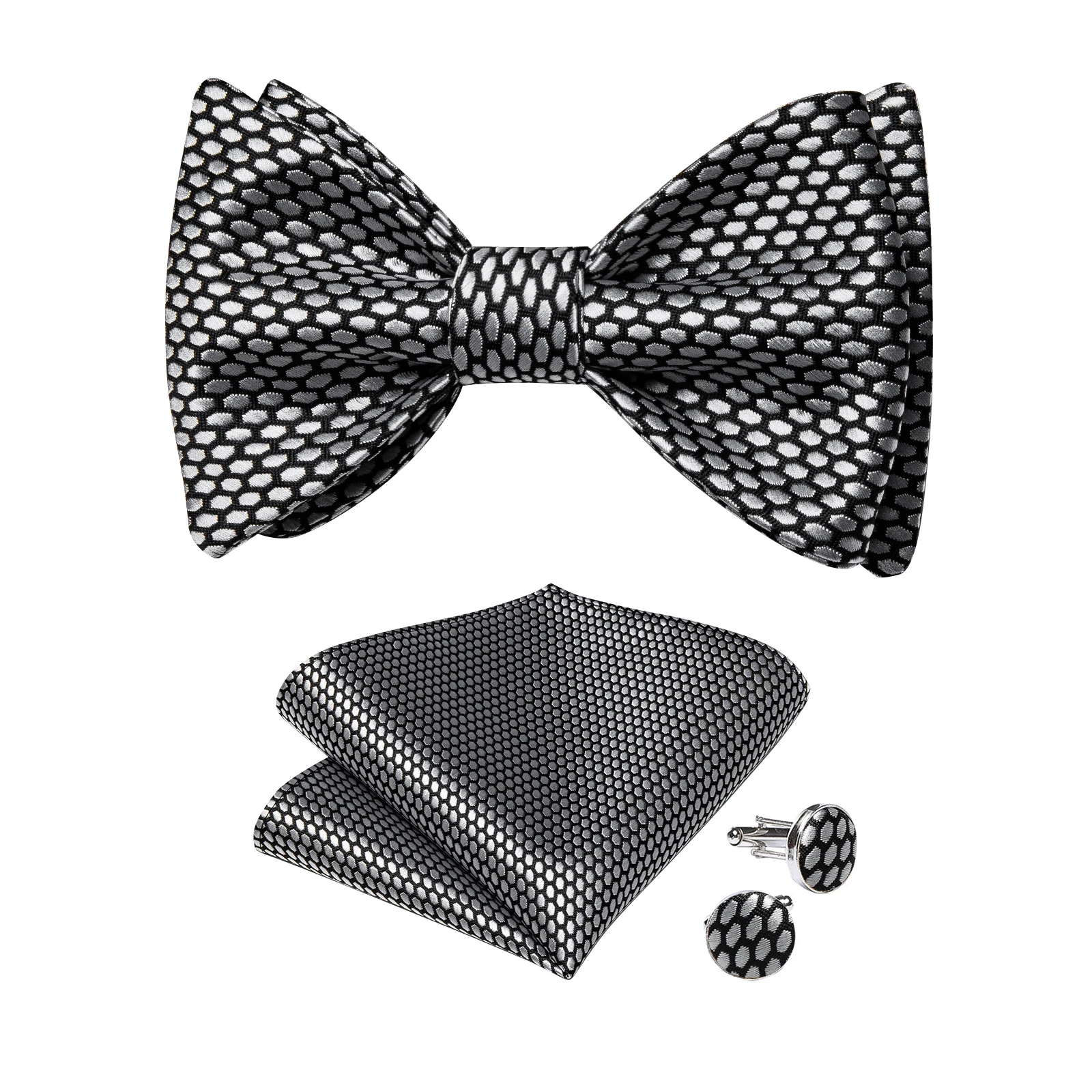 Classic Sliver And Black Plaid Men Bowties Silk Wedding Groom Bow Ties Hanky Cufflinks Set Retro Male Accessories Butterflynots