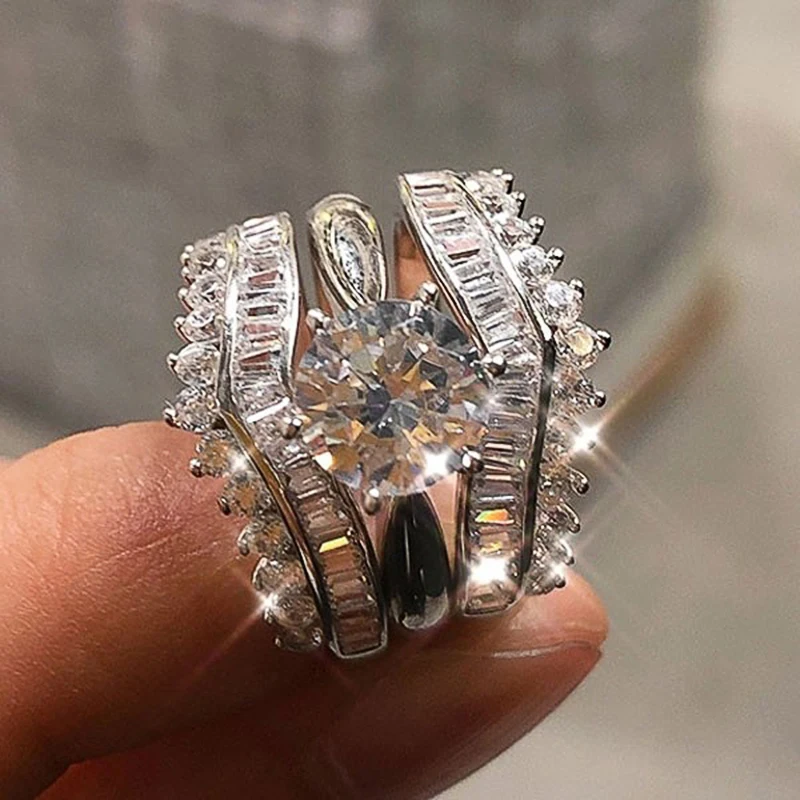 Huitan 2022 Trendy 3Pcs/set Rings for Women Silver Color Luxury Inlaid White Cubic Zirconia Fashion Set Rings Female Jewelry