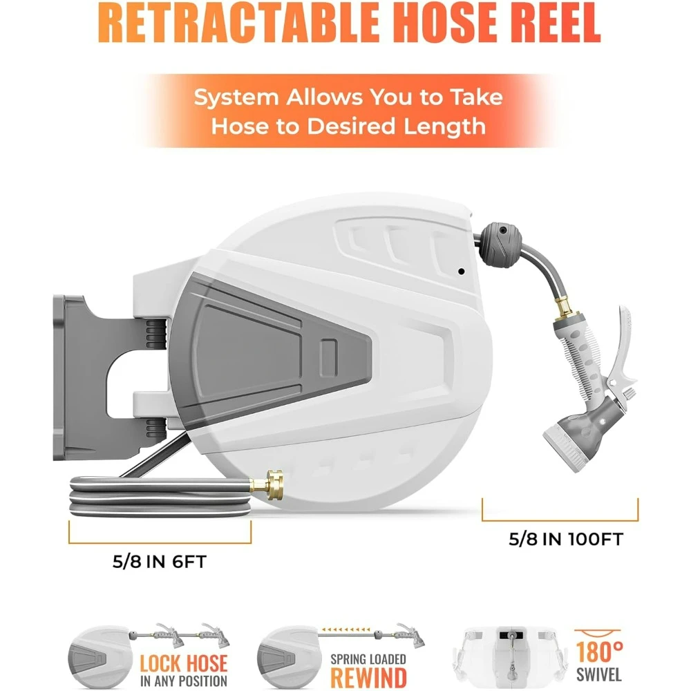 Retractable Garden Hose Reel,5/8 in x 100 FT Wall Mounted Hose Reel,  Any Length Lock/Slow Return System/Wall Mounted