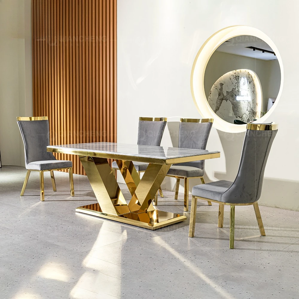 أثاث مرآة 6 مقاعد طاولة طعام أنيقة للمطاعم مجموعة طاولة طعام زجاجية فاخرة من الرخام الذهبي #4