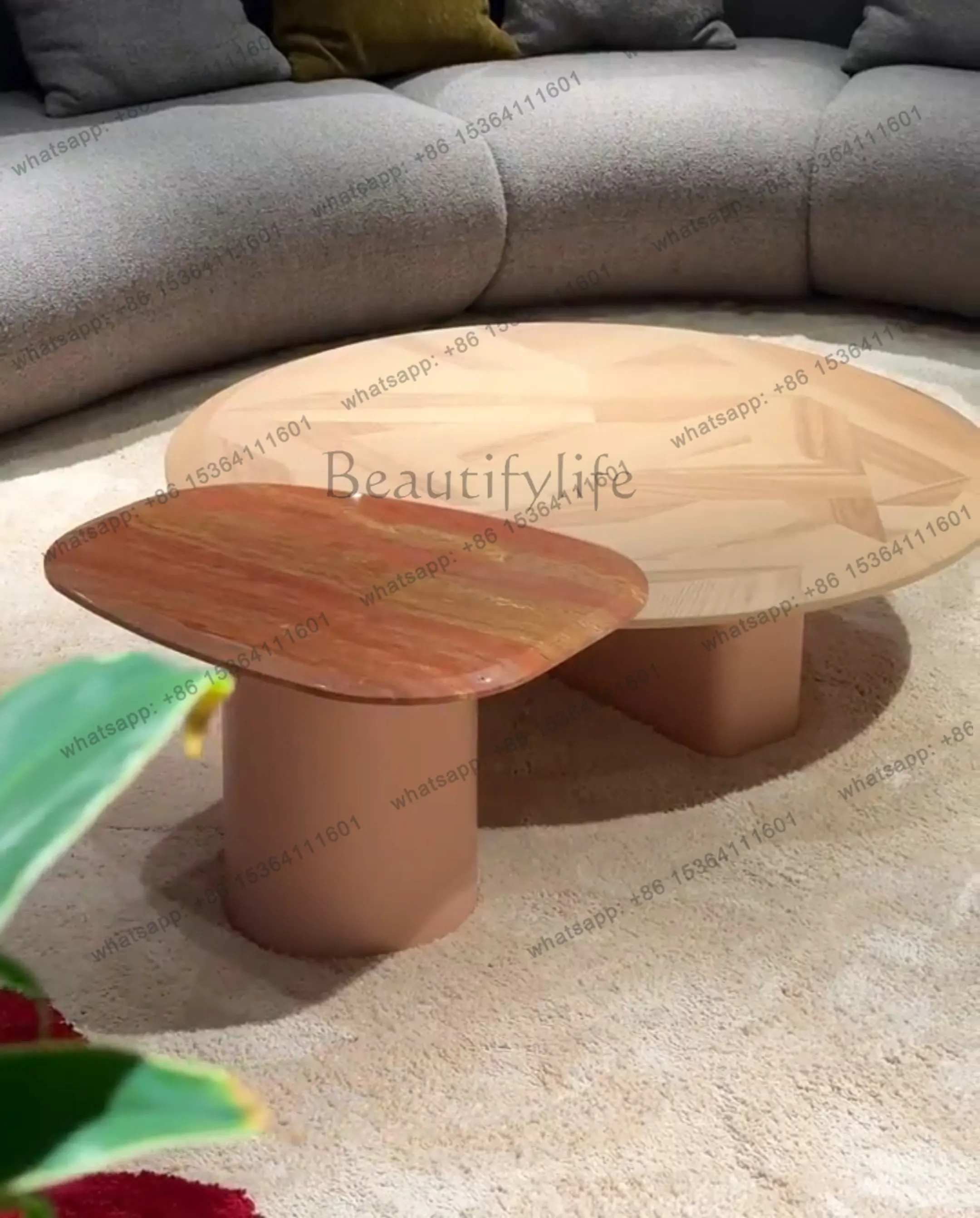 Medieval style solid wood marble coffee table combination log red hole natural natural surface
