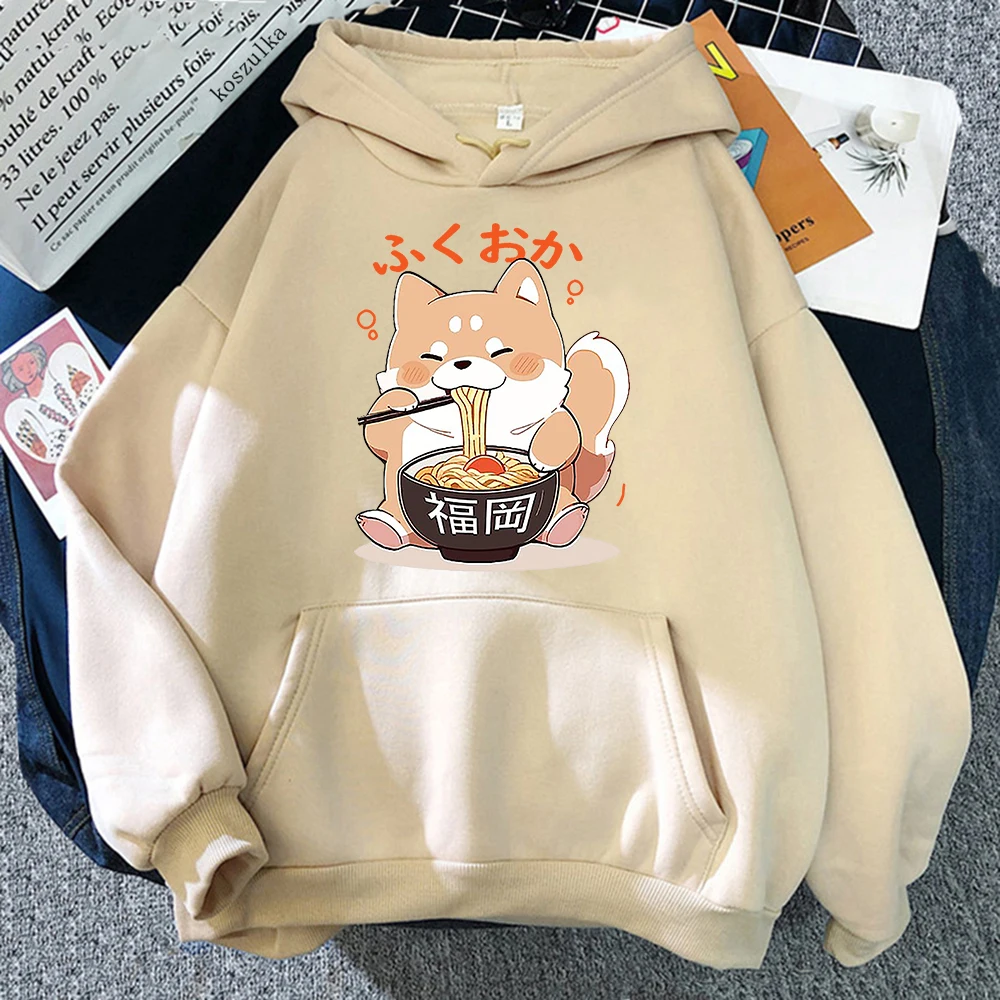 Shiba Inu Enjoying Ramen Hoodie Women Kawaii Harajuku Hoodies Unisex Autumn Winter Cute Aesthetic Graphic Pullovers Sweatshirts