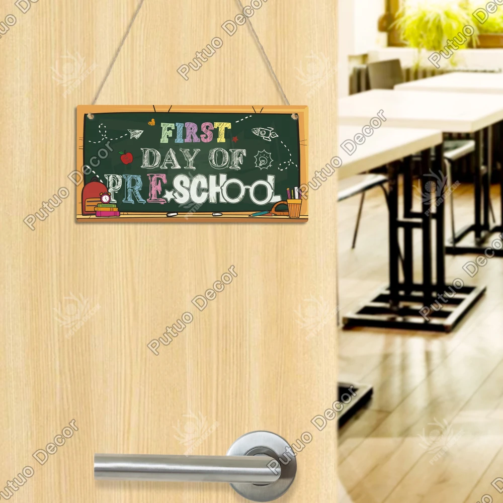 Putuo Decor 1pc Wooden Sign, First Day of Preschool, Wood Hanging Plaque Wall Decor for Preschool,Back to School Season Gifts