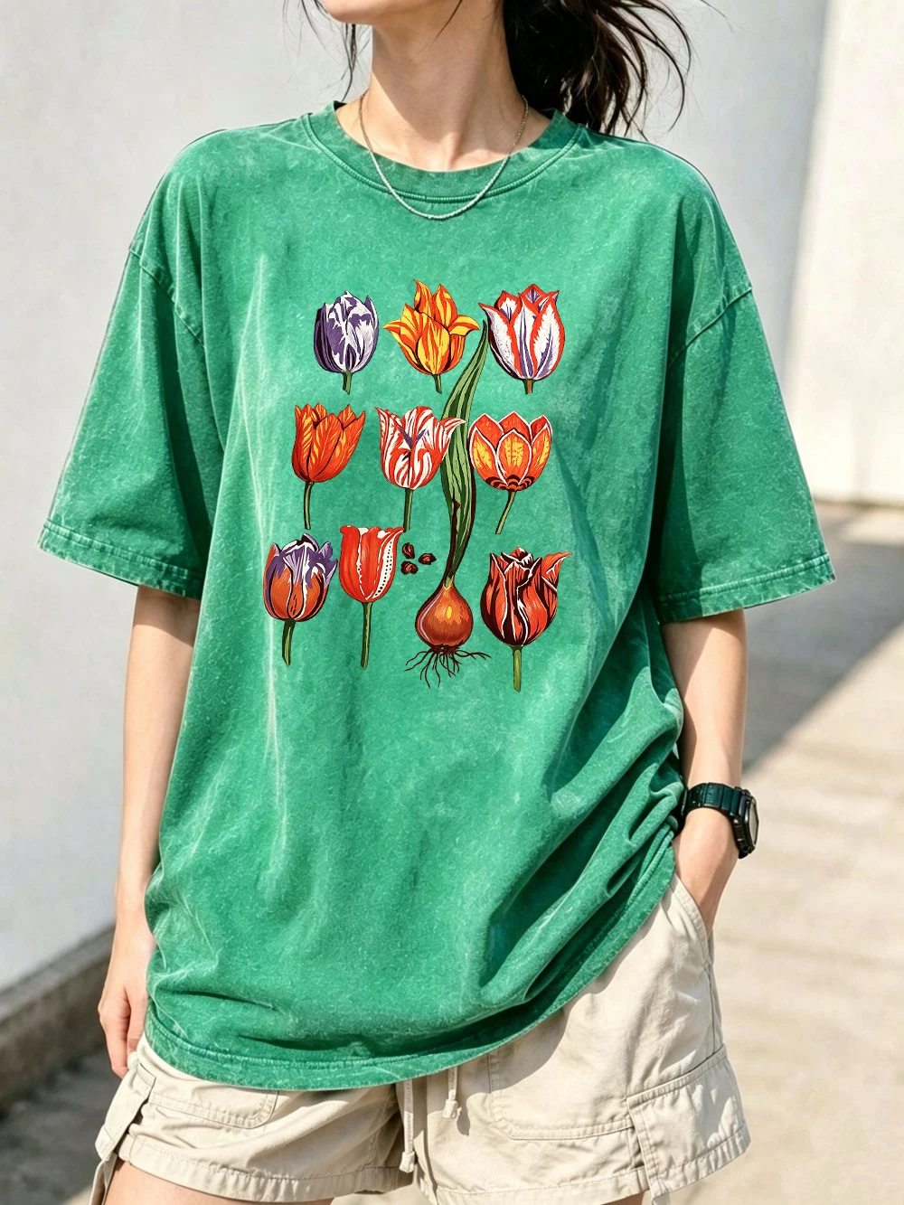 Eternal Augustus Tulip Printing Washed T-Shirts Womens Cotton Oversized Streetwear Distressed O-Neck Tops Summer Woman Clothes