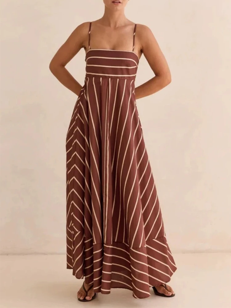 

Повседневная новая повседневная майка без рукавов в уличном стиле, классическая и простая длинная юбка в полоску с высокой талией и большой распашной юбкой