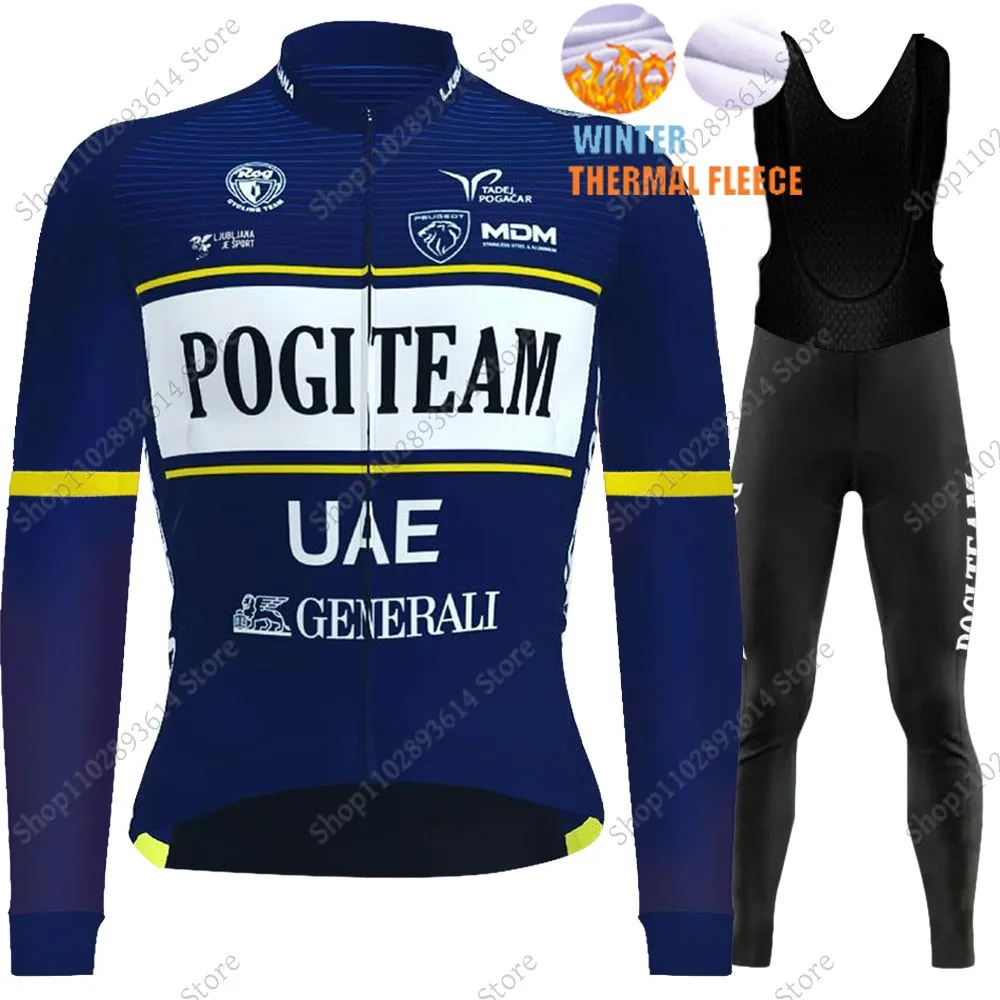 Pogi Team UAE 2024 Cycling Jersey Set Long Sleeve Winter Cycling Clothing Bike Thermal Jacket Suit Pants Bib MTB Ropa