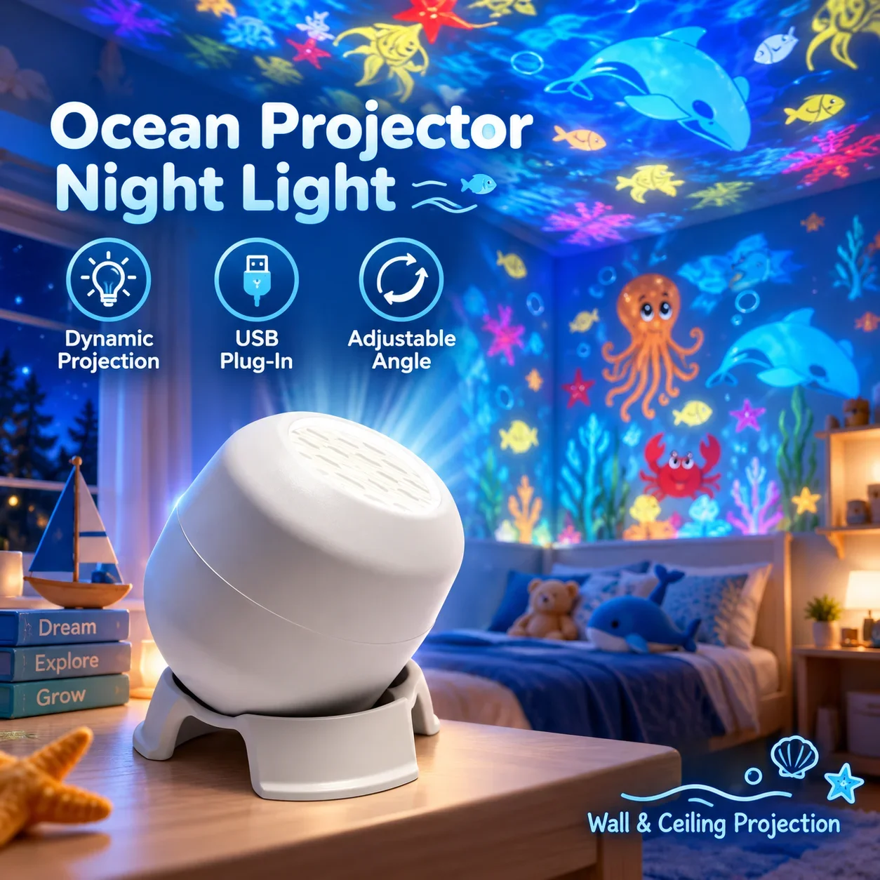 LED Ocean Projection Lamp USB Plug-In Dynamic Rotating Night Light Wall Ceiling Projector for Kids Bedroom Home Party Decoration