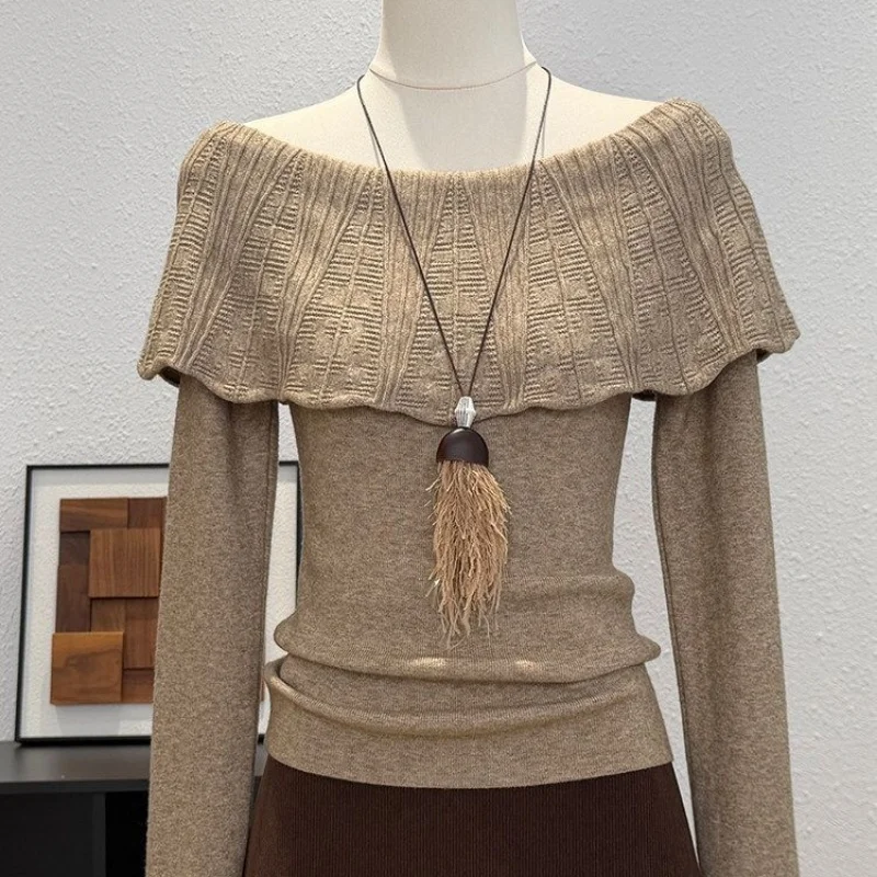 Brown Off Shoulder Knit Sweater Long Sleeve Ruffled Top Slim Fit Pullover for Women Korean Style Spring Autumn Wear 3