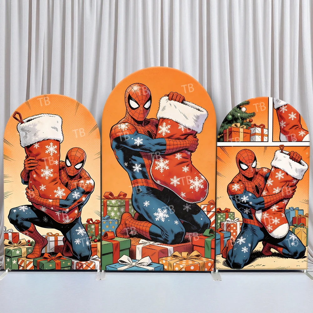 

Marvel Spider-Man Christmas Theme Arch Backdrop Cover Comic Festive Scene For Kids Birthday Baby Shower Photo Booth Background
