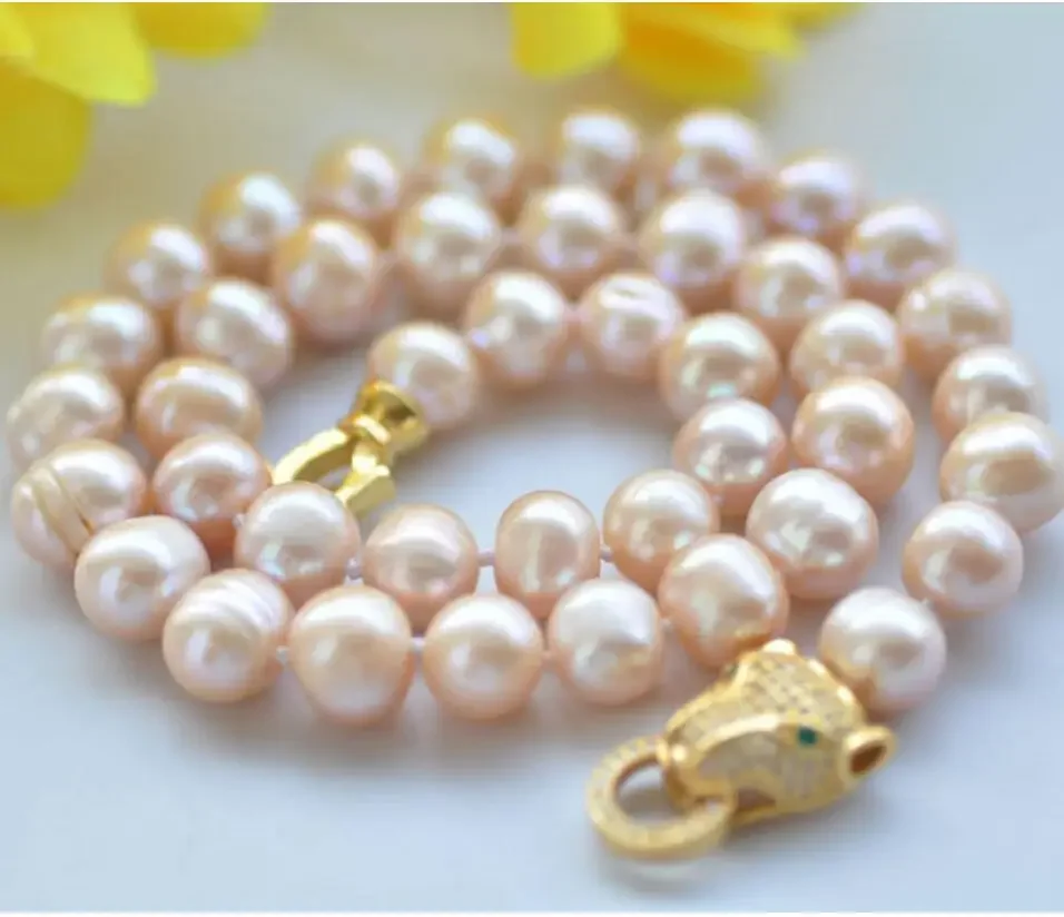 

NEW Natural breeding freshwater white pink pearl 9-10MM 18" leopard head clasp