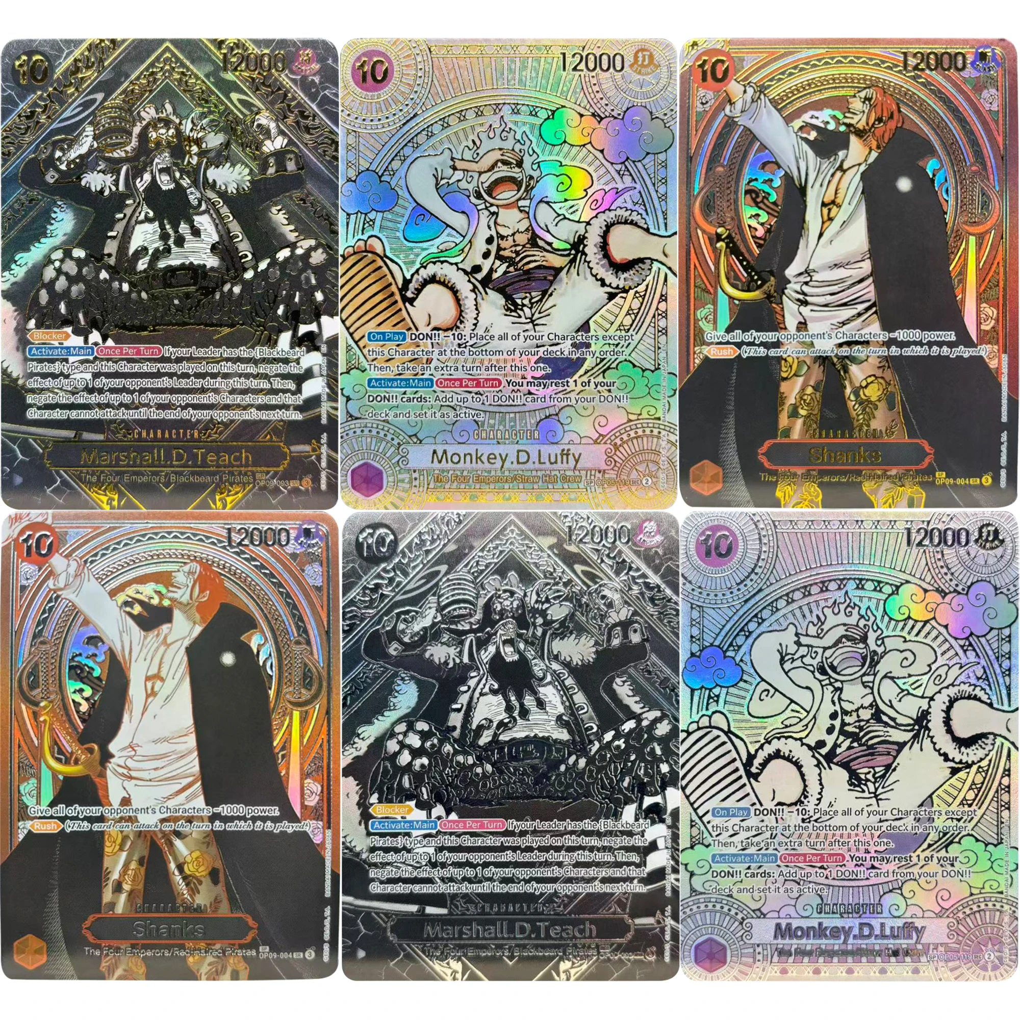 6 قطعة/المجموعة قطعة واحدة الإنجليزية نيكا لوفي شانكس تعليم الذهب والفضة OPCG الإغاثة بطاقة فلاش الذاتي أنيمي جمع بطاقة هدية لعبة