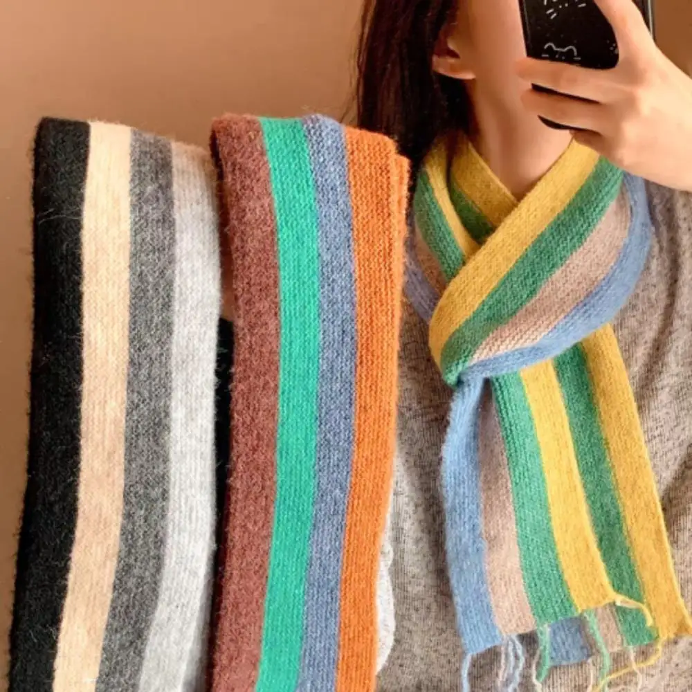

170cm Women's Winter Scarves 2025 Neck Warmer Scarf Women Strip Rainbow Color Narrow Shawls Ladies Winter Wool Scarves Couple