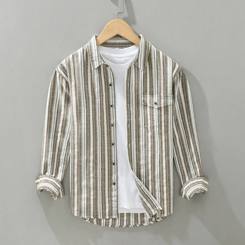 Spring Autumn Color Woven Striped Cotton Linen Shirt For Men Harajuku Loose Casual Long Sleeve Square Neck Button Down Shirt