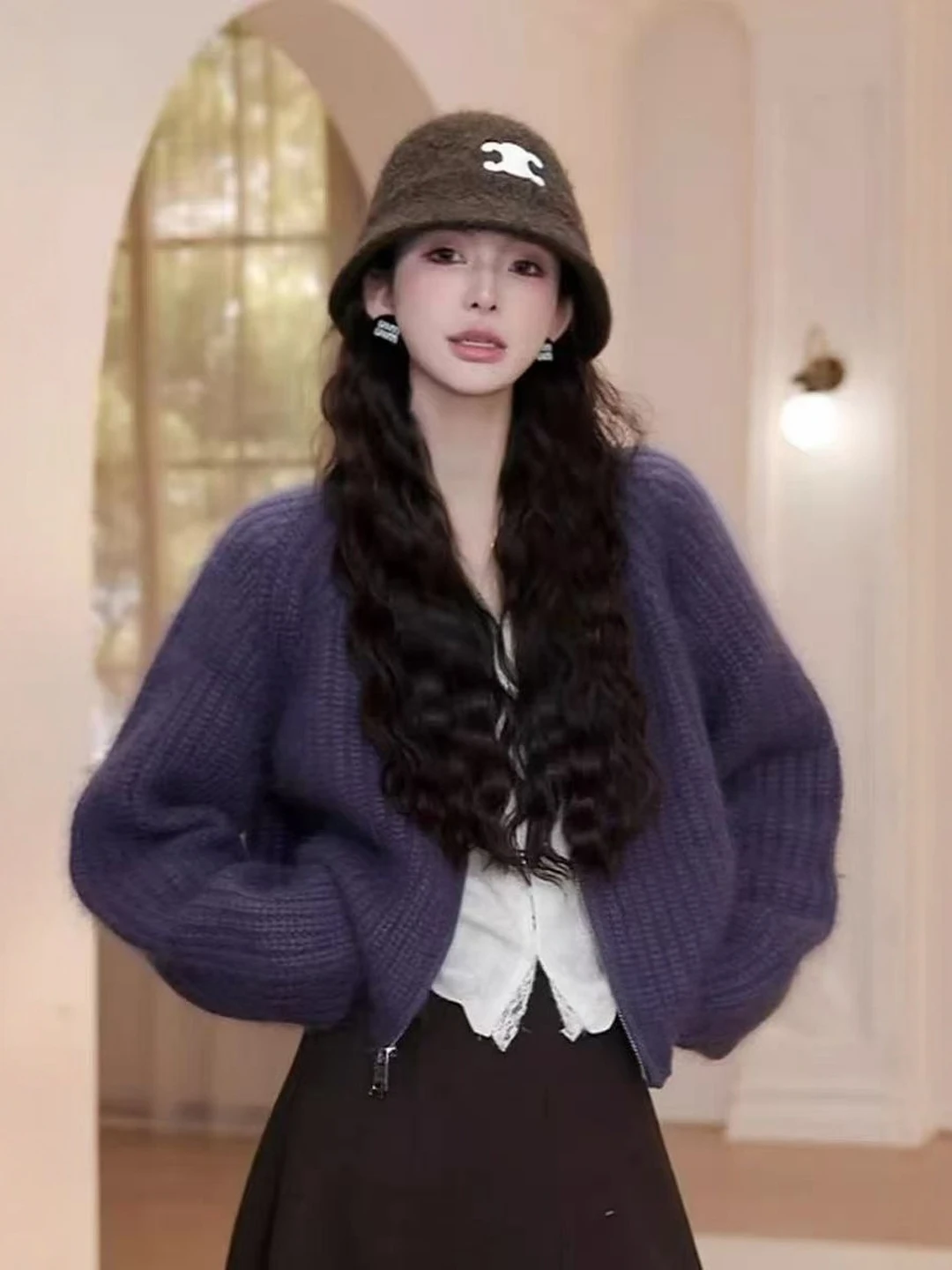 

Женский вязаный свитер с двойной молнией, свободного кроя, осенне-зимний, модный повседневный топ, фиолетовый, мягкий, средней плотности вязки