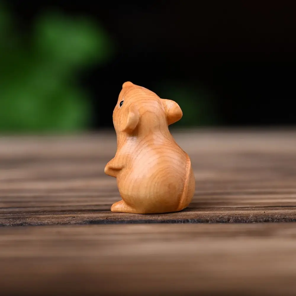 Home Decor Wood Carved Zodiac Mouse Statuette Funny Decorative Hamster Statue Cute Animal Figurine Sculpture Living Room