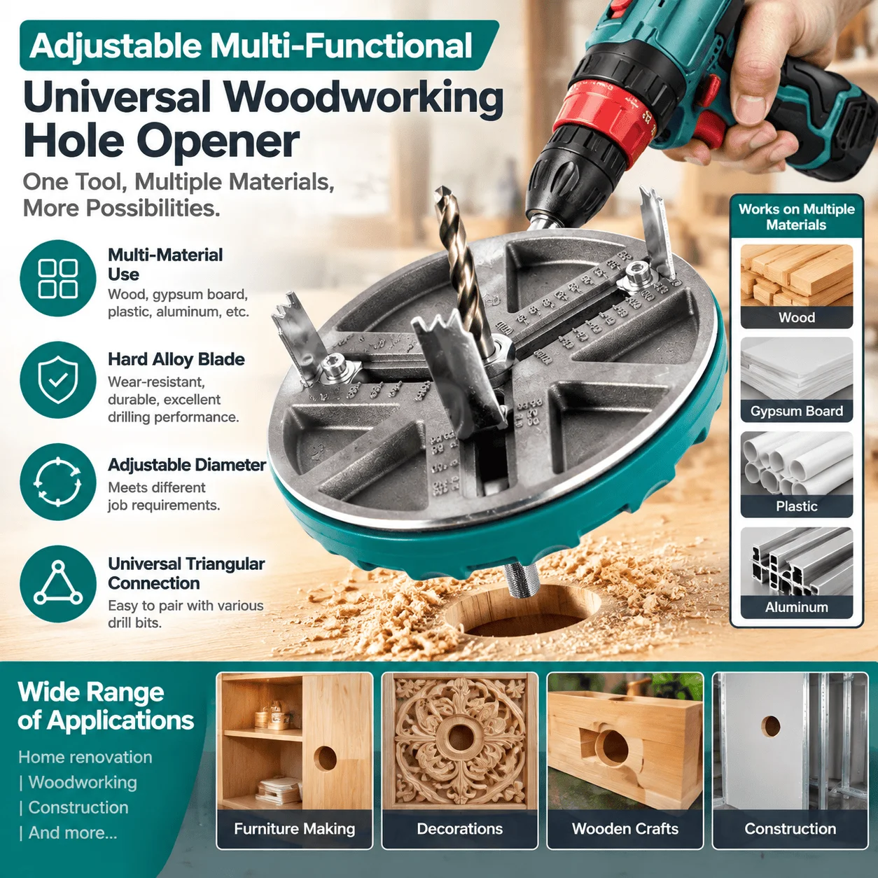 Universal Adjustable Hole Opener Drill Bit with Carbide Tips Variable Cutting Diameter Circular Hole Saw for Wood Plasterboard Plastic Aluminium Board Plumbing Electrical Wiring Installation Workshop Repair Construction Cutting Tool for DIY Projects