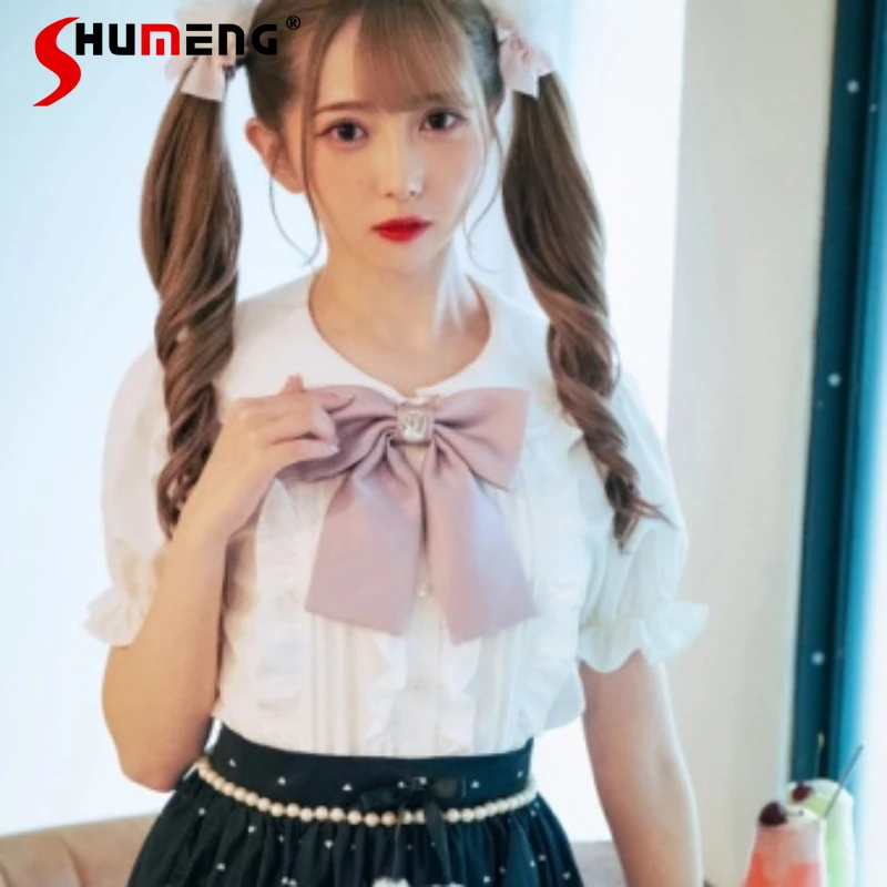 

Japanese Girl Sweet Bow Blouse Women Lolita Summer 2024 New Elegamt Women's white Short Sleeve Solid Color Shirt and Tops Woman