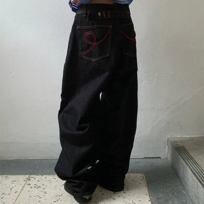 

Casual Chic Women's Wide Leg Jeans Bla Denim with Color Blo Design And Ba ket Red Tead Decoration Loose Fit ...