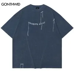 Men Vintage T-Shirt Streetwear Embroidery Tassle Letter Oversized Washed Tshirt Hip Hop Harajuku Punk Gothic Cotton Tee Tops