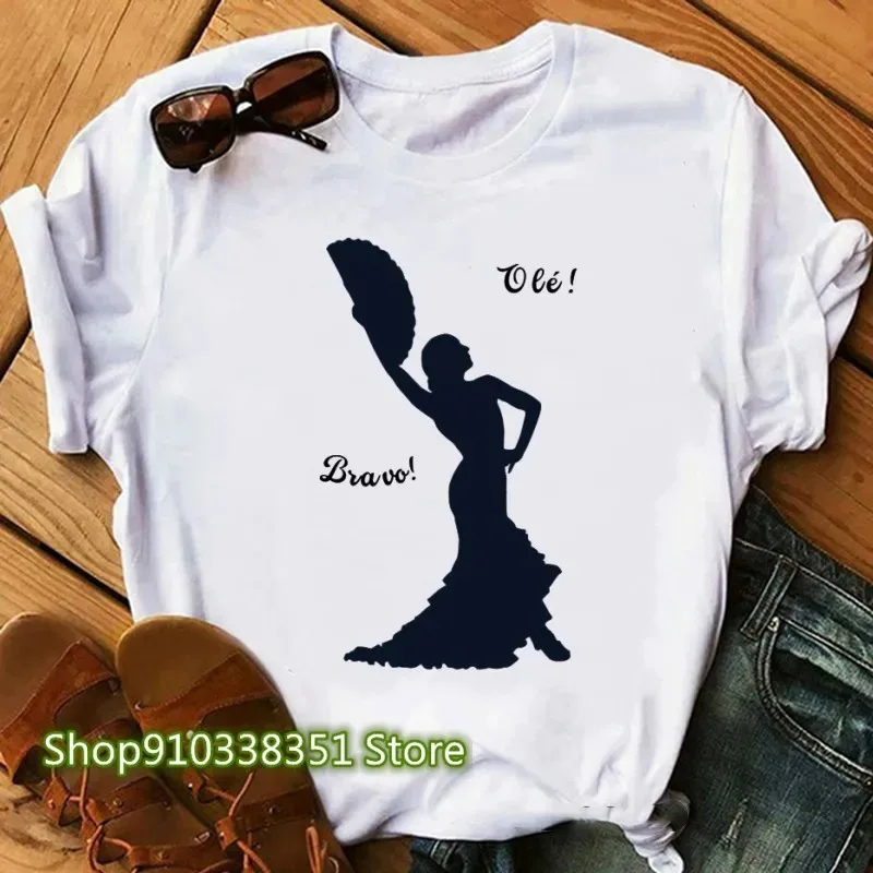 Women T Shirt Flamenco Art Print T Shirt Dancing Shirt for Lady Yong Girl Tee Tops Fashion T-shirt Harajuku White Short Sleeve